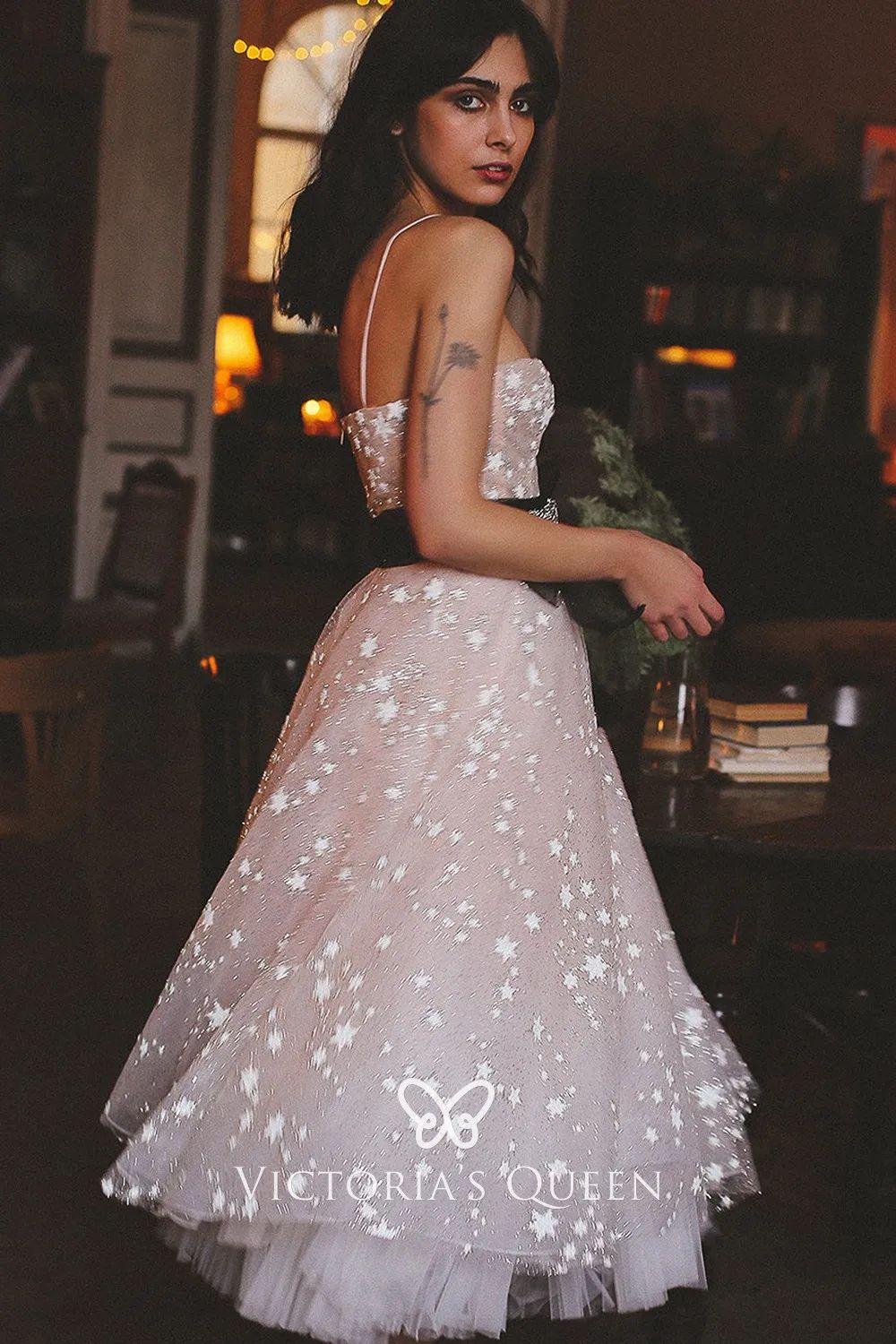 Pink Glitter A-Line Dress with Star Pattern Overlay — Sweet 16 Dresses