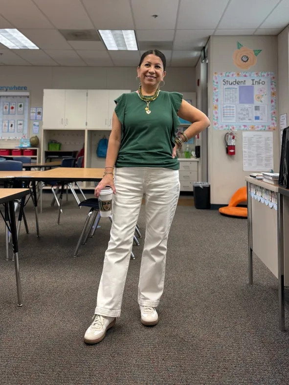 Ruffled Sleeve Top with Flared Jeans and Layered Necklaces — Student Teacher Outfits
