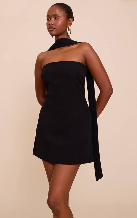 Black Strapless Shift Dress with Dramatic Scarf Detail — Shift Dresses