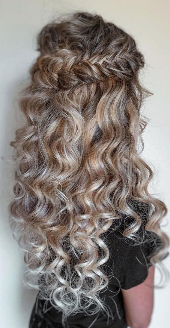 Mid-Back Dark Brown With Blonde Highlights and Braids Mid-Back Dark Brown With Blonde Highlights and Braids — Half Up Half Down Curly Hair