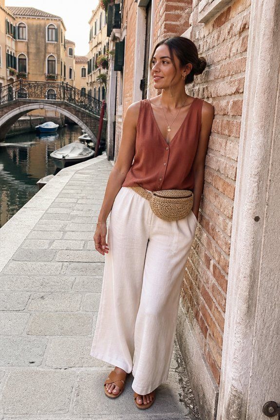 Relaxed Rust Top with Wide-Leg Linen Pants — Venice Outfits