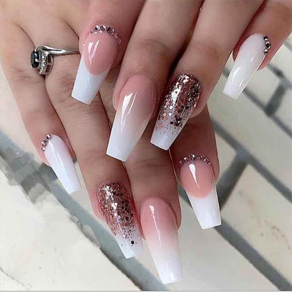 Pink Nude Coffin French with Glitter Ombre Pink Nude Coffin French with Glitter Ombre — First Acrylic Nails