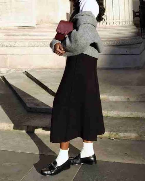 Chic Ensemble: Black Loafers with White Socks, Midi Skirt, and Cropped Jacket Chic Ensemble: Black Loafers with White Socks, Midi Skirt, and Cropped Jacket — Socks with Loafers Outfits