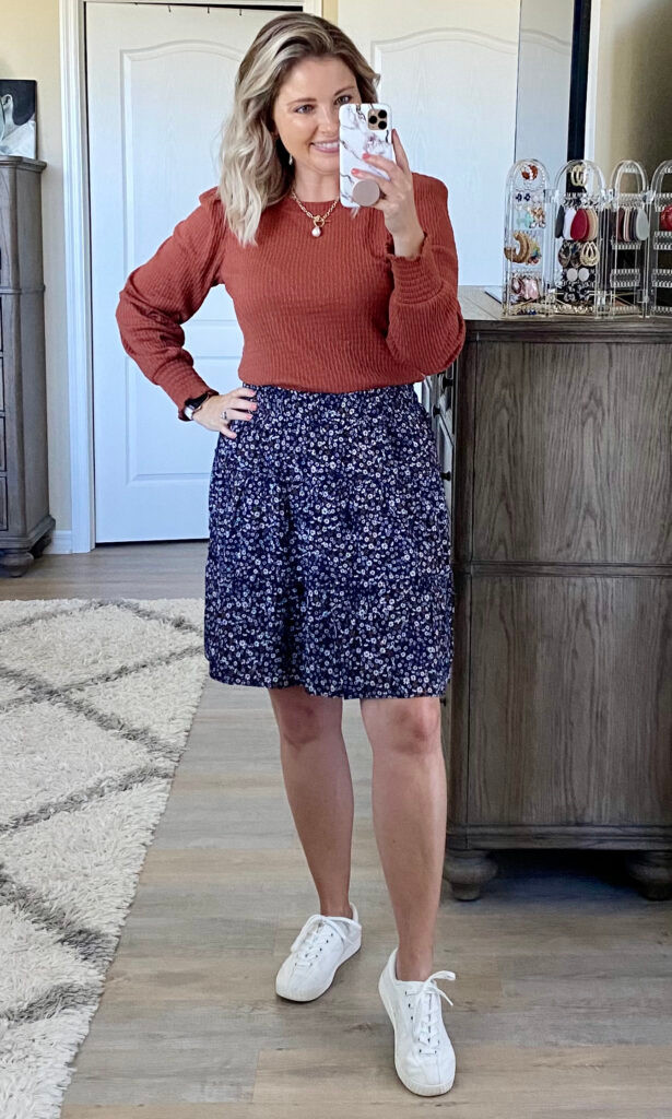 Navy Floral Tiered Mini Skirt with Textured Knit Top Navy Floral Tiered Mini Skirt with Textured Knit Top — Tiered Skirt Outfits