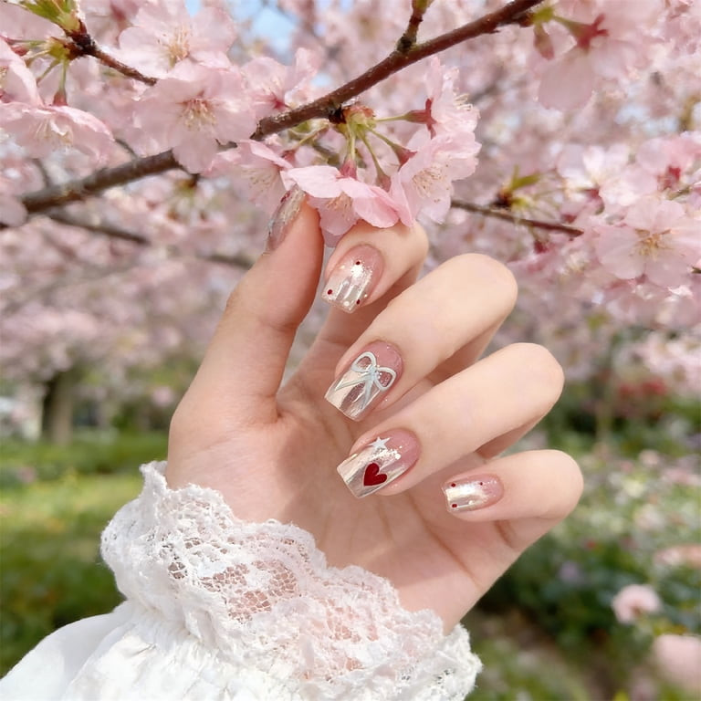 Nude Pink Shimmer Square with Star and Bow Nude Pink Shimmer Square with Star and Bow — Bridal Shower Nails