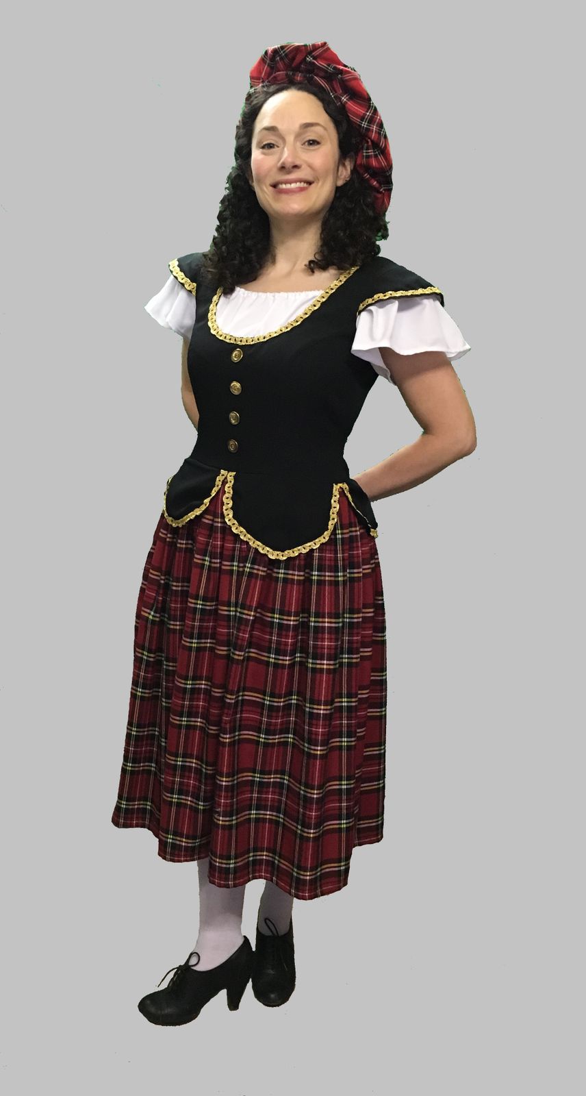 Red Tartan Skirt with Ruffled Blouse and Vest — Scotland Outfits