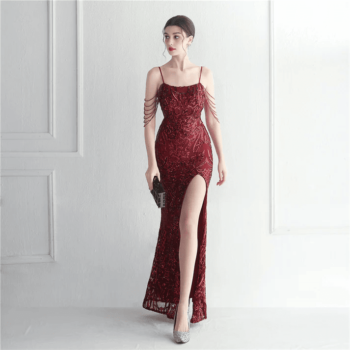 Deep Red Sequined Mermaid Gown with Beaded Fringe Deep Red Sequined Mermaid Gown with Beaded Fringe — Opera Outfits