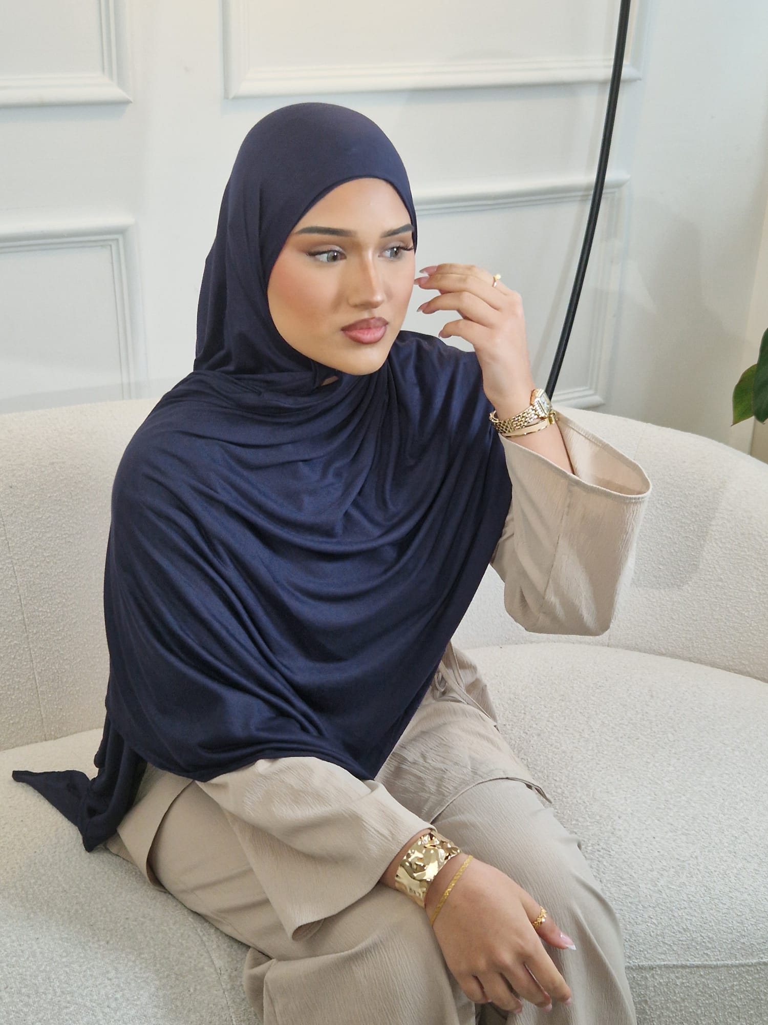 Minimalist Beige Top with Navy Hijab and Gold Accents — Hijab Work Outfits
