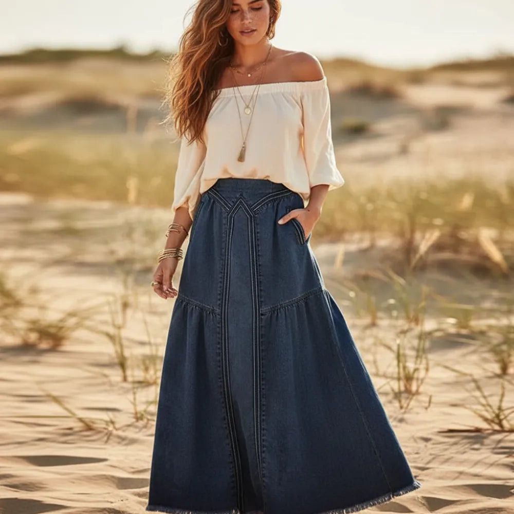 Boho Tiered Denim A-Line Skirt with Cream Blouse — A Line Skirts