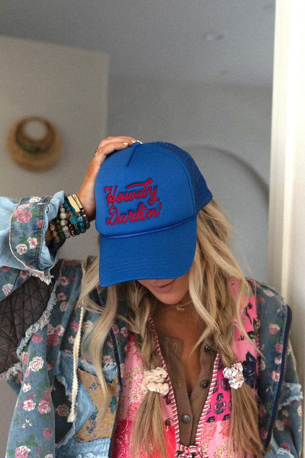 Bright Blue 'Howdy Darlin' Trucker Hat with Floral Jacket Bright Blue 'Howdy Darlin' Trucker Hat with Floral Jacket — Trucker Hat Outfits