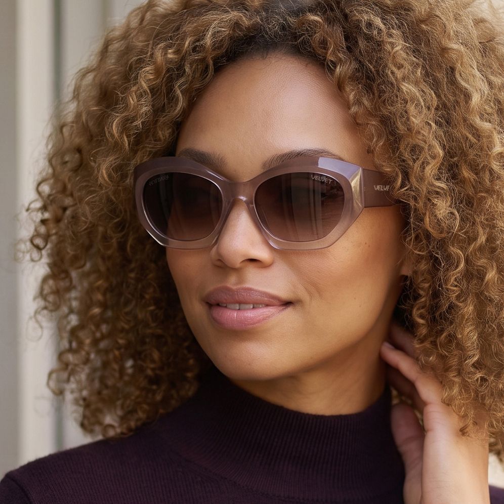 Translucent Taupe Square Sunglasses with Knit Turtleneck — Sunglasses for Heart Shaped Face