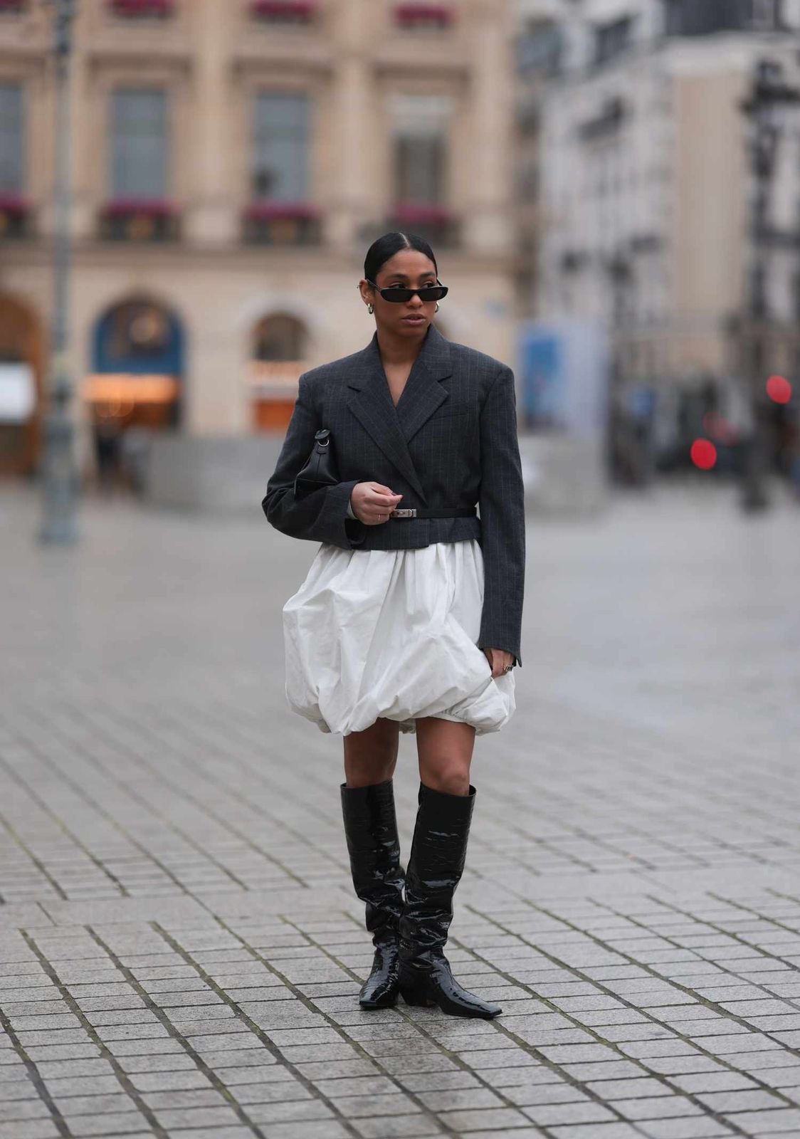 Chic White Bubble Hem Dress Layered Under a Pinstripe Blazer — Bubble Hem Dresses