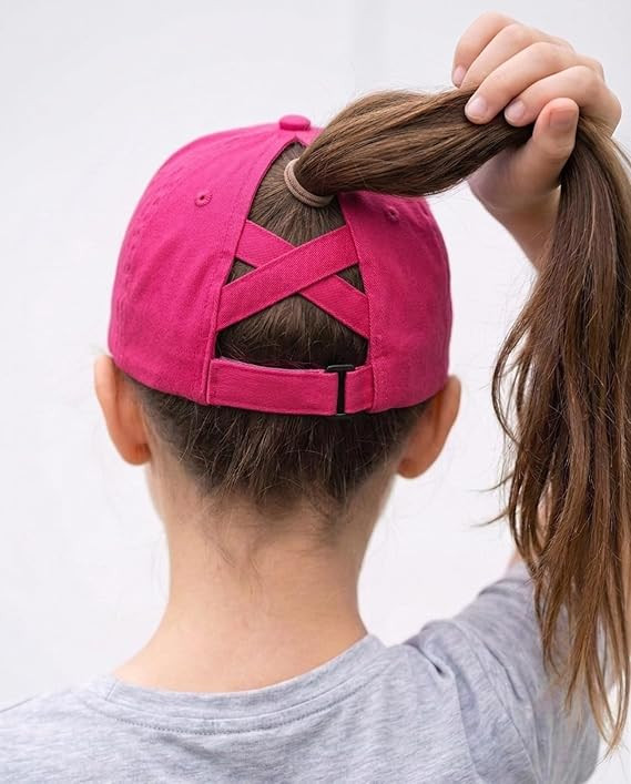 Child's Mid-Back Ponytail with Criss-Cross Cap Child's Mid-Back Ponytail with Criss-Cross Cap — Baseball Cap Hairstyles