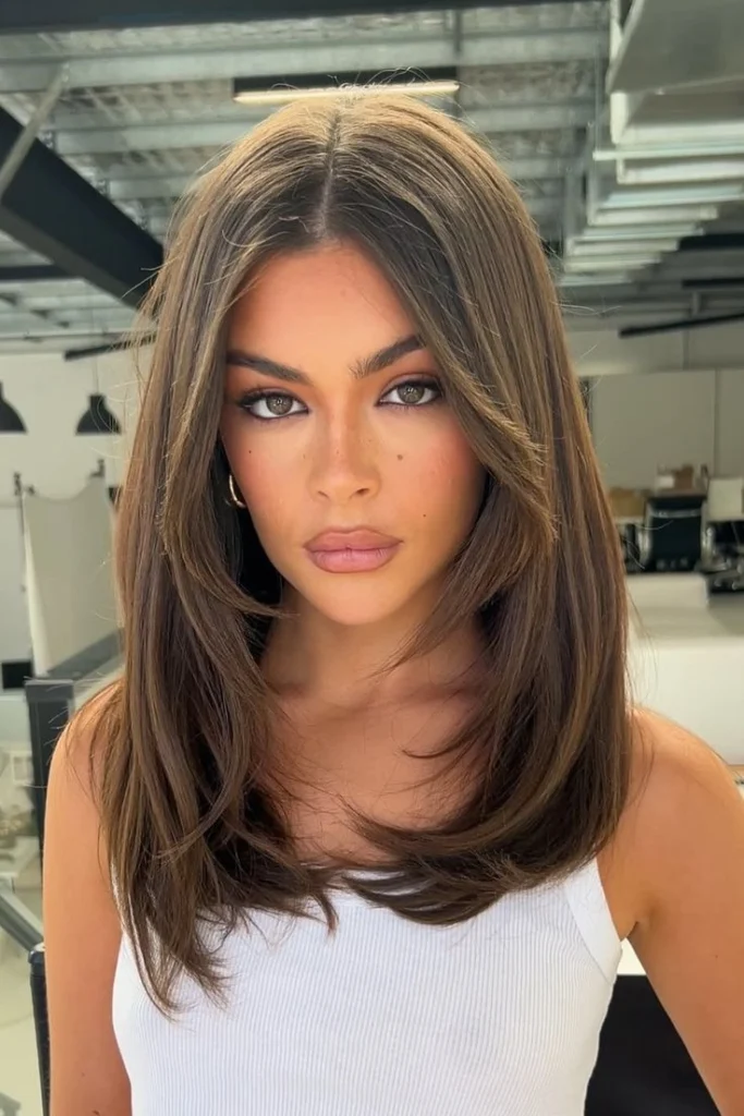 Layered Medium Brown Bob With Curtain Bangs — Layered Hair