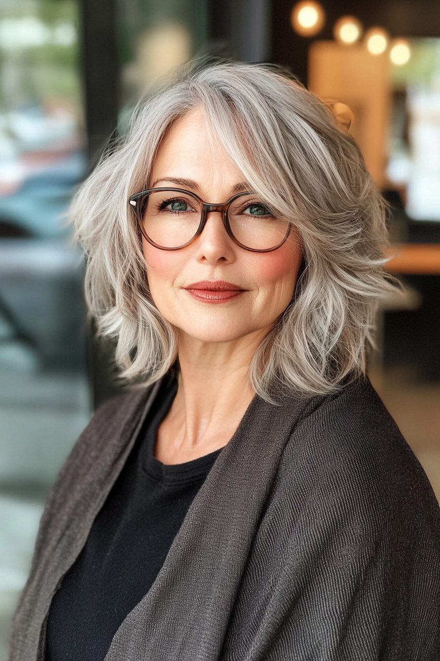 Collarbone Layered Bob in Silver Grey Collarbone Layered Bob in Silver Grey — Bob with Glasses