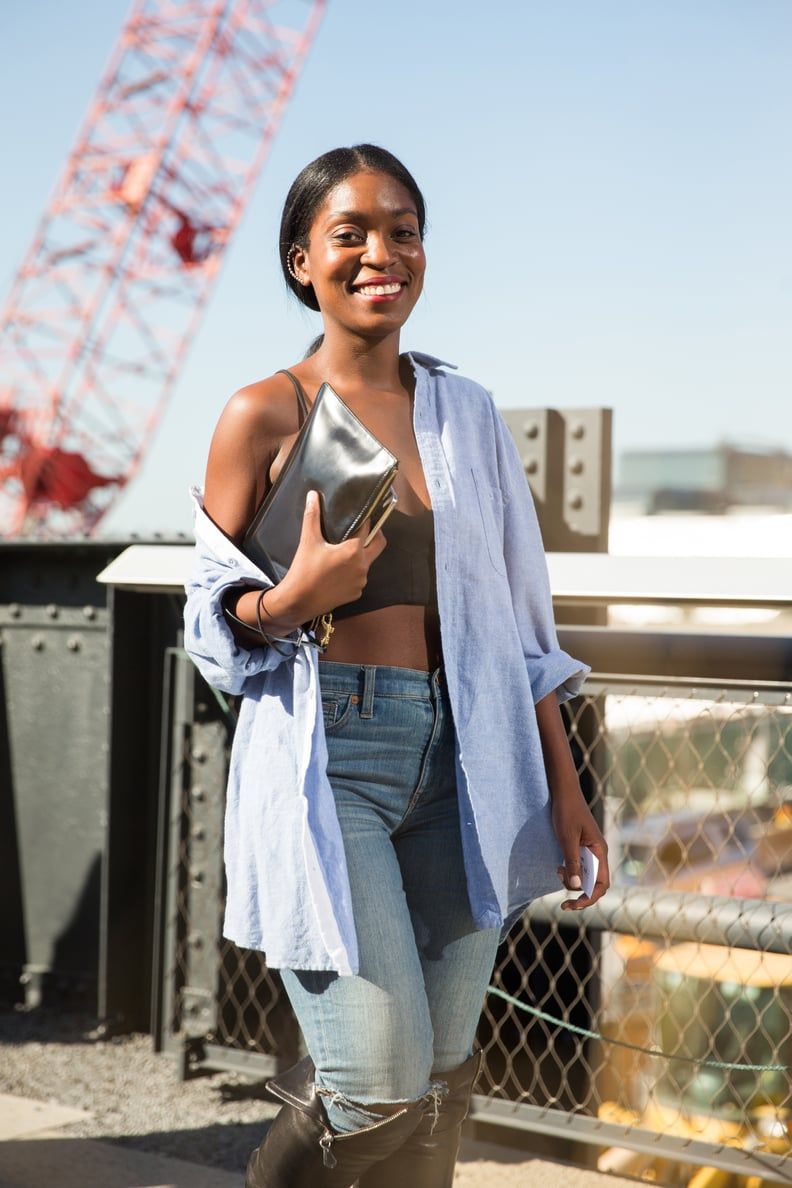 Oversized Shirt over Crop Top with Distressed Jeans — Outfits for Long Torso