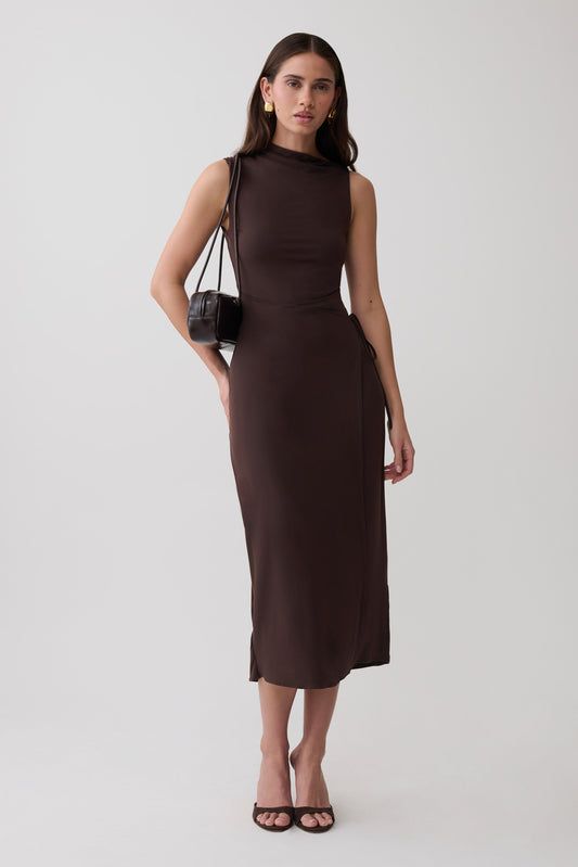 Dark Brown Jersey Midi Dress with Asymmetrical Wrap Skirt — Semi Formal Dresses