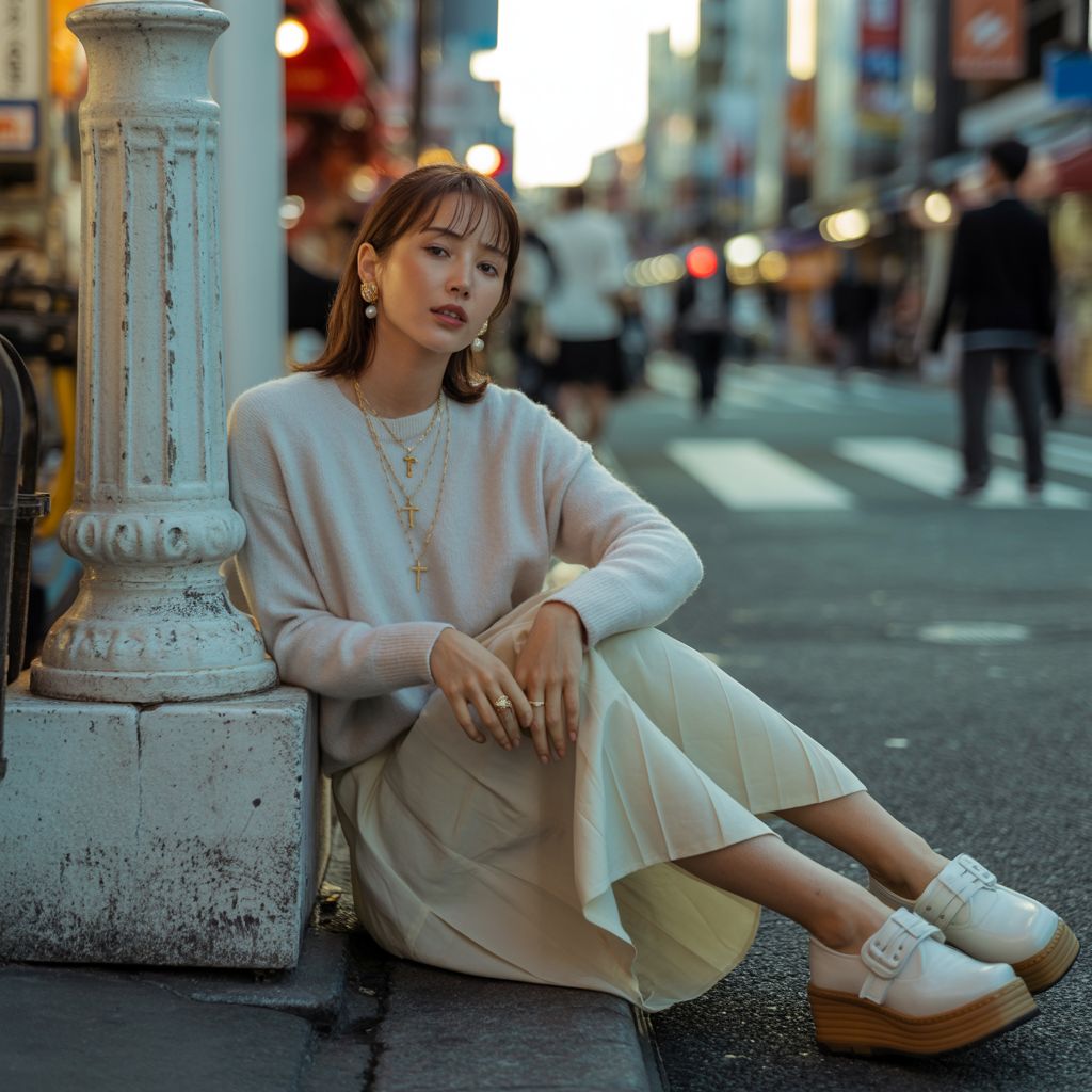 Cream Knit Sweater with Pleated Skirt and Cross Necklaces — Angelcore Outfits