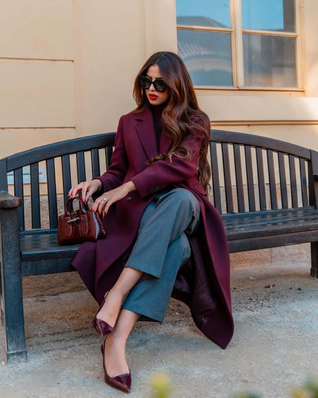 Longline Burgundy Wool Coat with Wide-Leg Trousers — Prague Outfits
