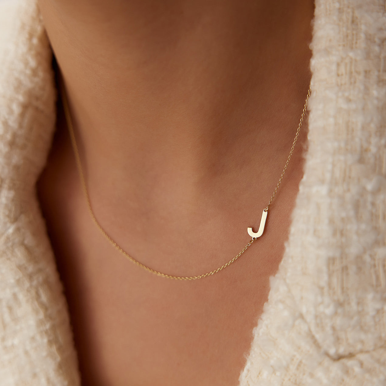 Sideways Gold Initial 'J' Pendant with Textured Jacket Sideways Gold Initial 'J' Pendant with Textured Jacket — Initial Necklaces