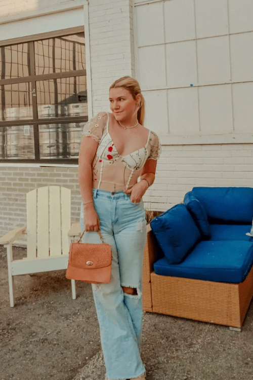 Sheer Embroidered Top with Wide-Leg Jeans for Brewery Chic Sheer Embroidered Top with Wide-Leg Jeans for Brewery Chic — Brewery Outfits