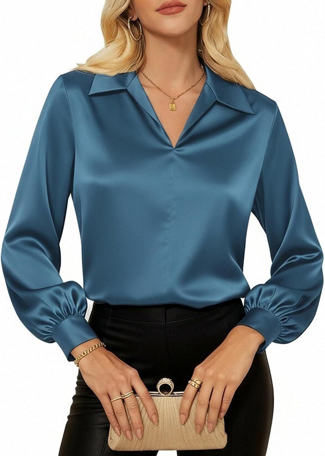 Blue Puffed Sleeve Satin Blouse Under Dark Green Blazer — Satin Top Outfits