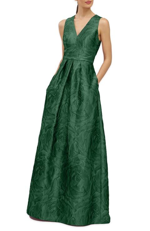 Deep Emerald Green Textured Floral Floor-Length Gown Deep Emerald Green Textured Floral Floor-Length Gown — Mother of the Groom Dresses