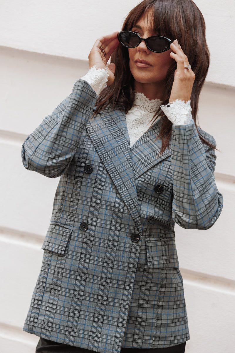 Grey and Blue Plaid Double-Breasted Blazer for Casual Days Grey and Blue Plaid Double-Breasted Blazer for Casual Days — Blazers