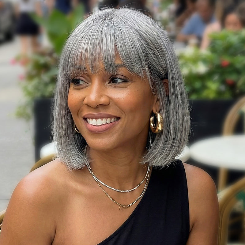 Sharp Bob With Full Blunt Bangs Sharp Bob With Full Blunt Bangs — Salt and Pepper Bob