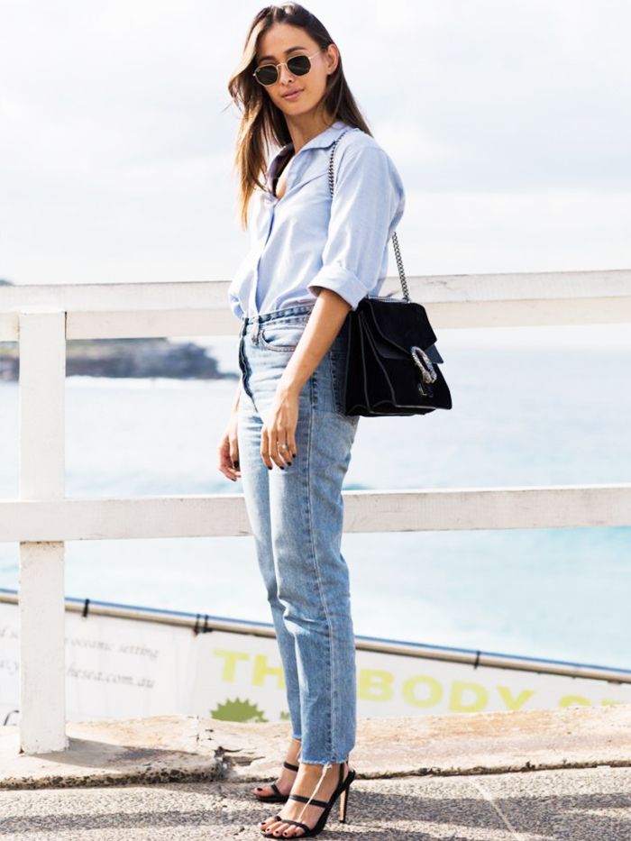 Smart Casual: Straight-Leg Jeans with a Collared Shirt and Heels — Outfits for Skinny Girls