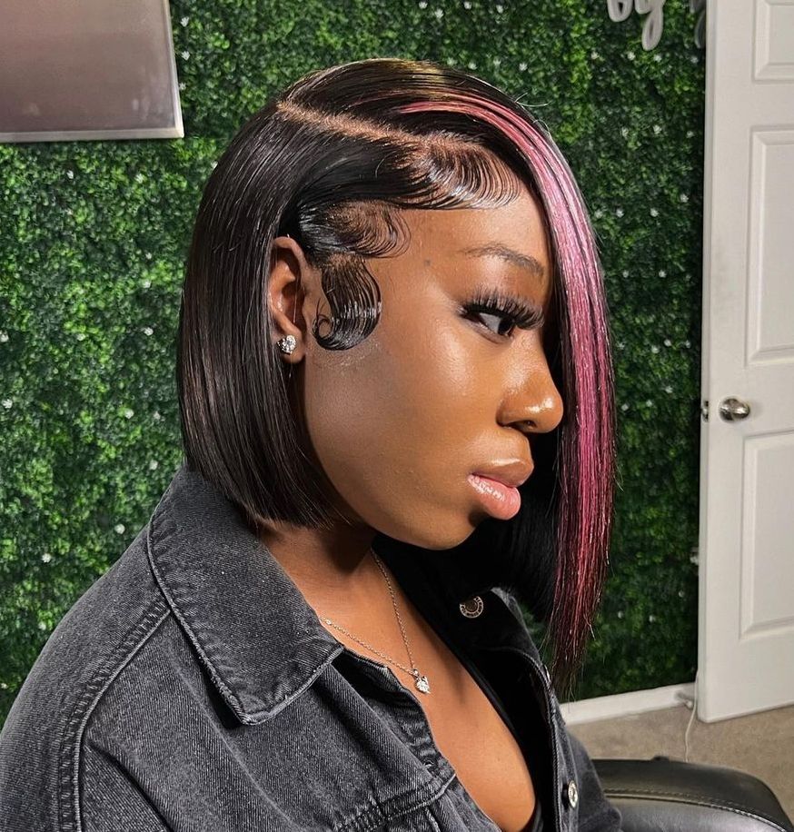 Chin Dark Brown Bob With Pink Highlights Chin Dark Brown Bob With Pink Highlights — Quick Weave Bob