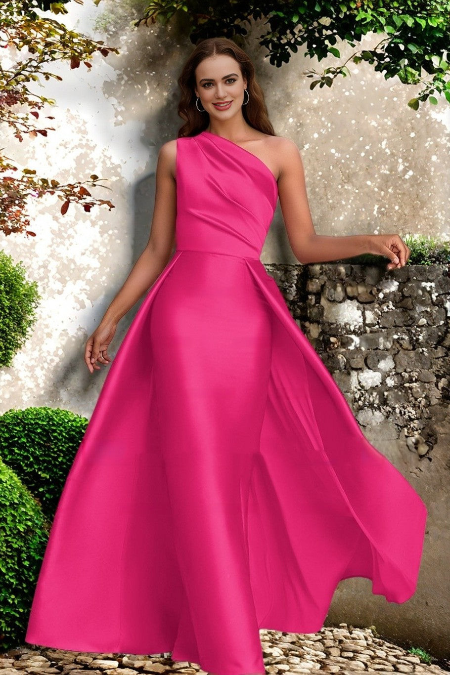 Vibrant Fuchsia Satin One-Shoulder Gown with Dramatic Skirt Overlay Vibrant Fuchsia Satin One-Shoulder Gown with Dramatic Skirt Overlay — Sweet 16 Guest Outfits