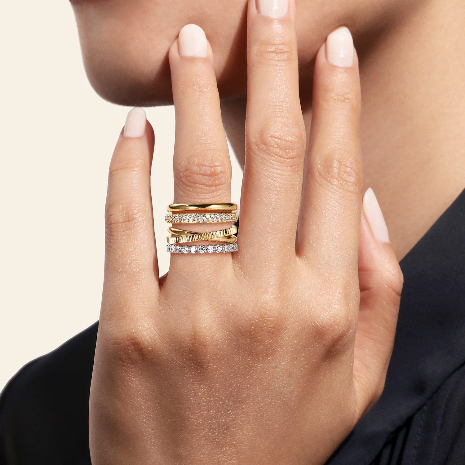 Varied Textures and Pave Diamonds in a Gold Stack Varied Textures and Pave Diamonds in a Gold Stack — Gold Ring Stack