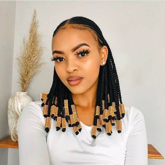 Shoulder-Length Black Braids With Gold Beads — Lemonade Braids with Beads