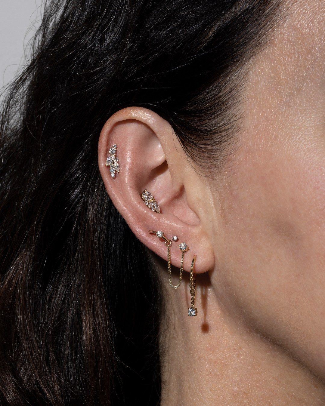 Delicate Gold and Silver Stack with Chain Detail Delicate Gold and Silver Stack with Chain Detail — Ear Stack Ideas