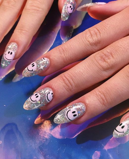Medium Square Glitter Smileys — Smiley Face Nails