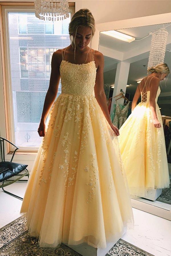Pale Yellow Prom Dress with Lace Bodice and Tulle Skirt — Prom Dresses