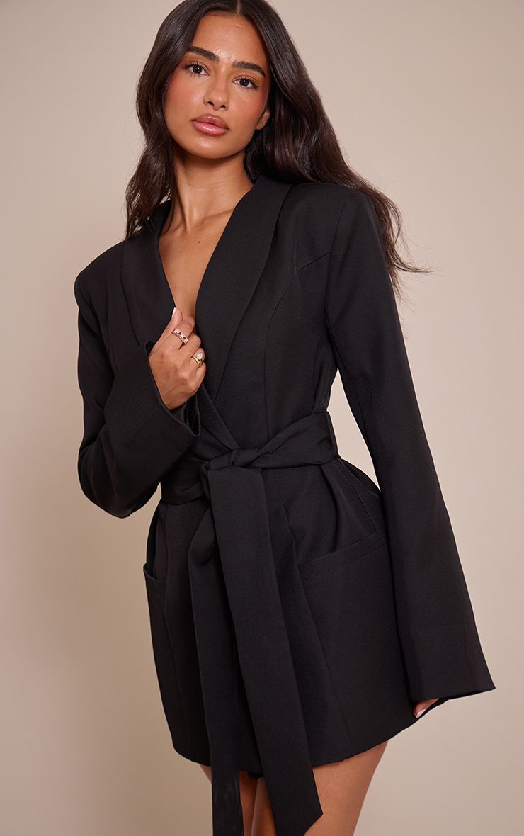 Black Tie-Waist Blazer Dress for Versatile Styling — Blazer Dresses