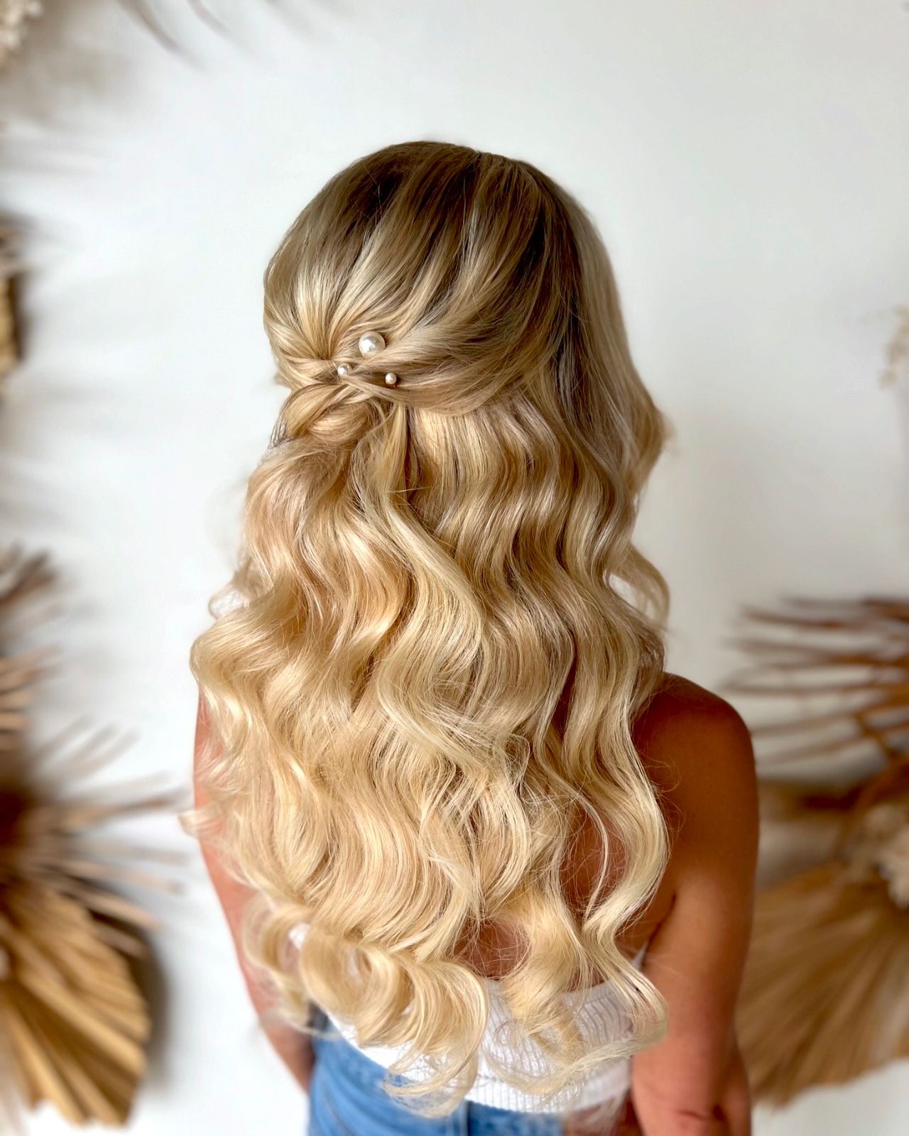 Platinum Blonde With Root Shadow Visual Idea — Half Up Half Down with Curls