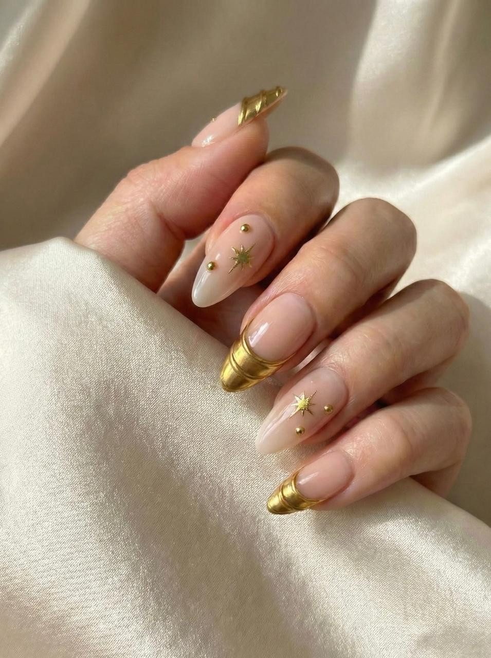 Sheer Nude Base With Opaque Gold Accents Visual Idea Sheer Nude Base With Opaque Gold Accents Visual Idea — Moon and Stars Nails