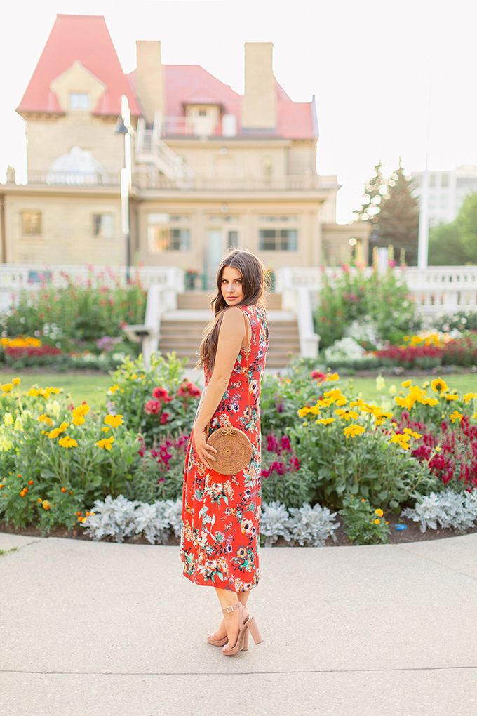 Bold Floral Print Red Midi Dress — Garden Party Outfits