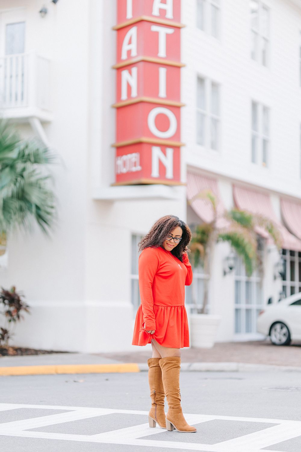 Vibrant Orange Mini Dress with Knee-High Boots Vibrant Orange Mini Dress with Knee-High Boots — Road Trip Outfits