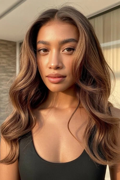 Collarbone Medium Brown With Caramel Highlights And Bangs Collarbone Medium Brown With Caramel Highlights And Bangs — Hair Color for Olive Skin Brown Eyes