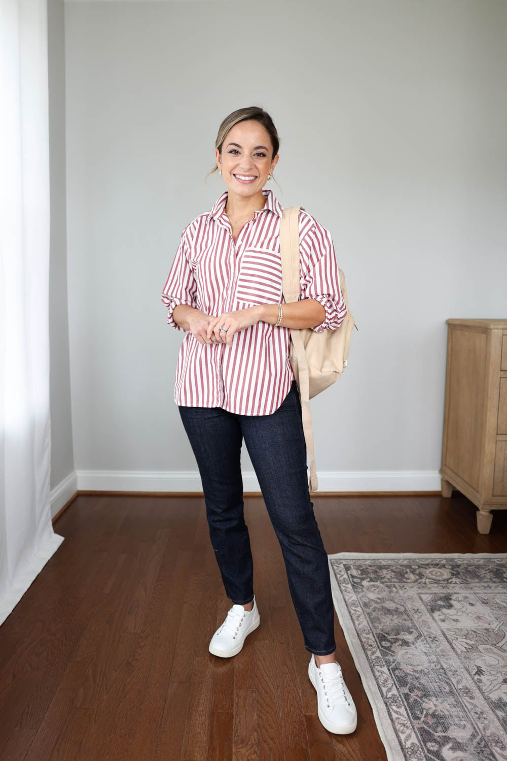Casual Striped Shirt with Dark Wash Jeans — Preschool Teacher Outfits
