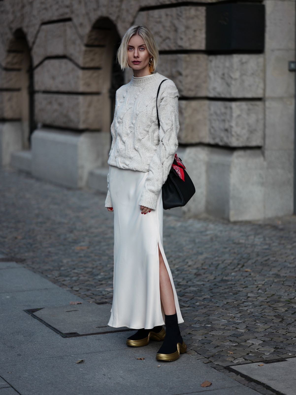 Cream Silk Slip Skirt with Cable Knit Sweater Cream Silk Slip Skirt with Cable Knit Sweater — Silk Dresses
