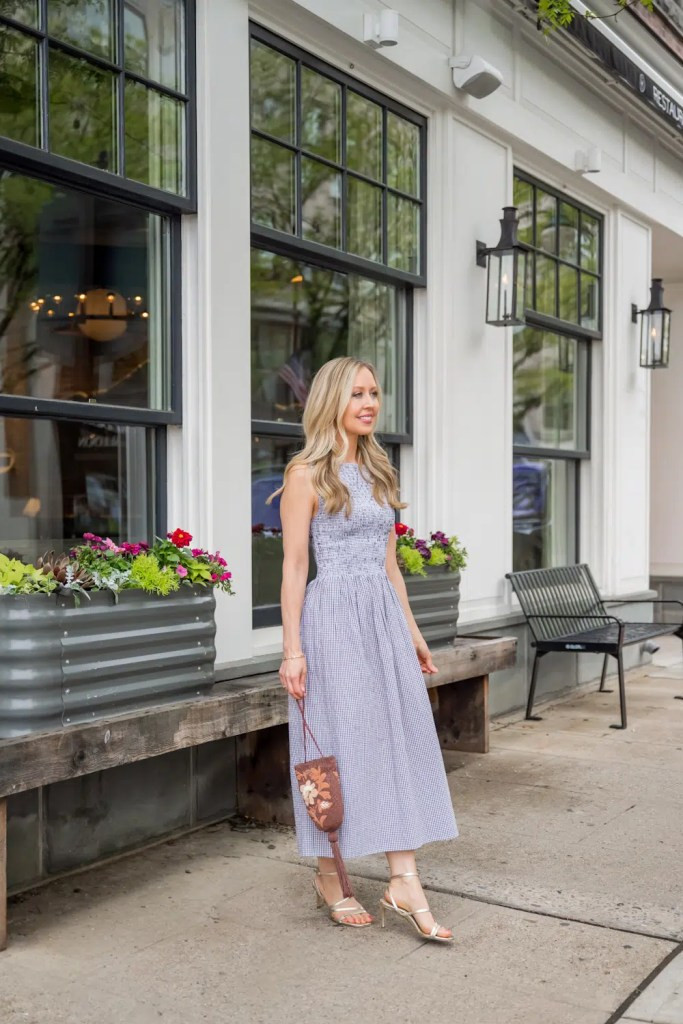 Summer Day Out: Gold Strappy Heels with Gingham Midi Dress Summer Day Out: Gold Strappy Heels with Gingham Midi Dress — Strappy Heels Outfits