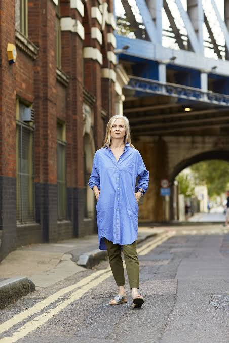 Oversized Blue Shirt Dress with Olive Green Trousers — Shirt Dress Outfits