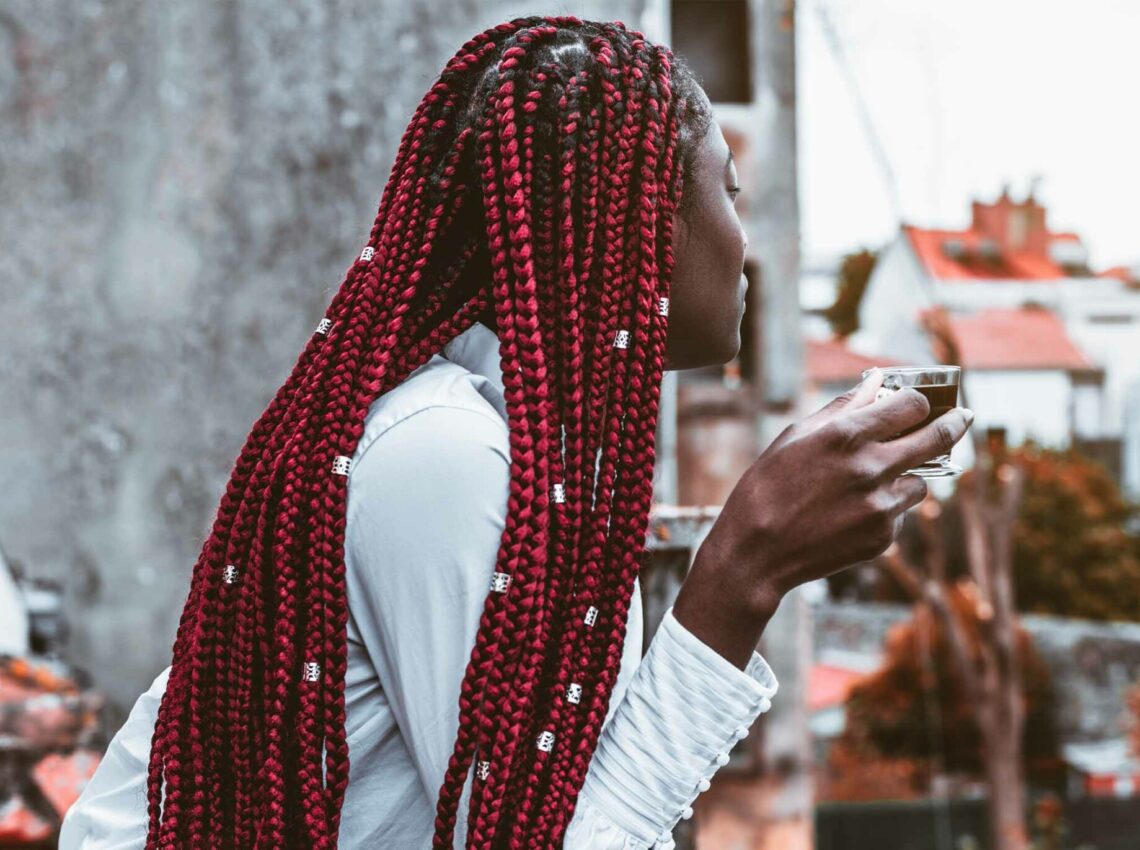 Dark Red Box Braids with Metallic Beads — Braid Patterns