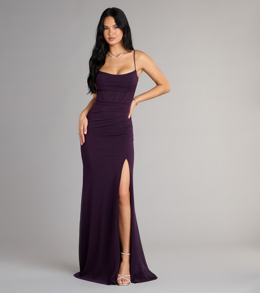 Deep Purple Ruched Column Dress with High Slit — Dresses for Big Bust
