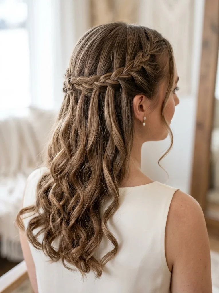 Mid-Back Light Brown Elegant Waterfall Braid
